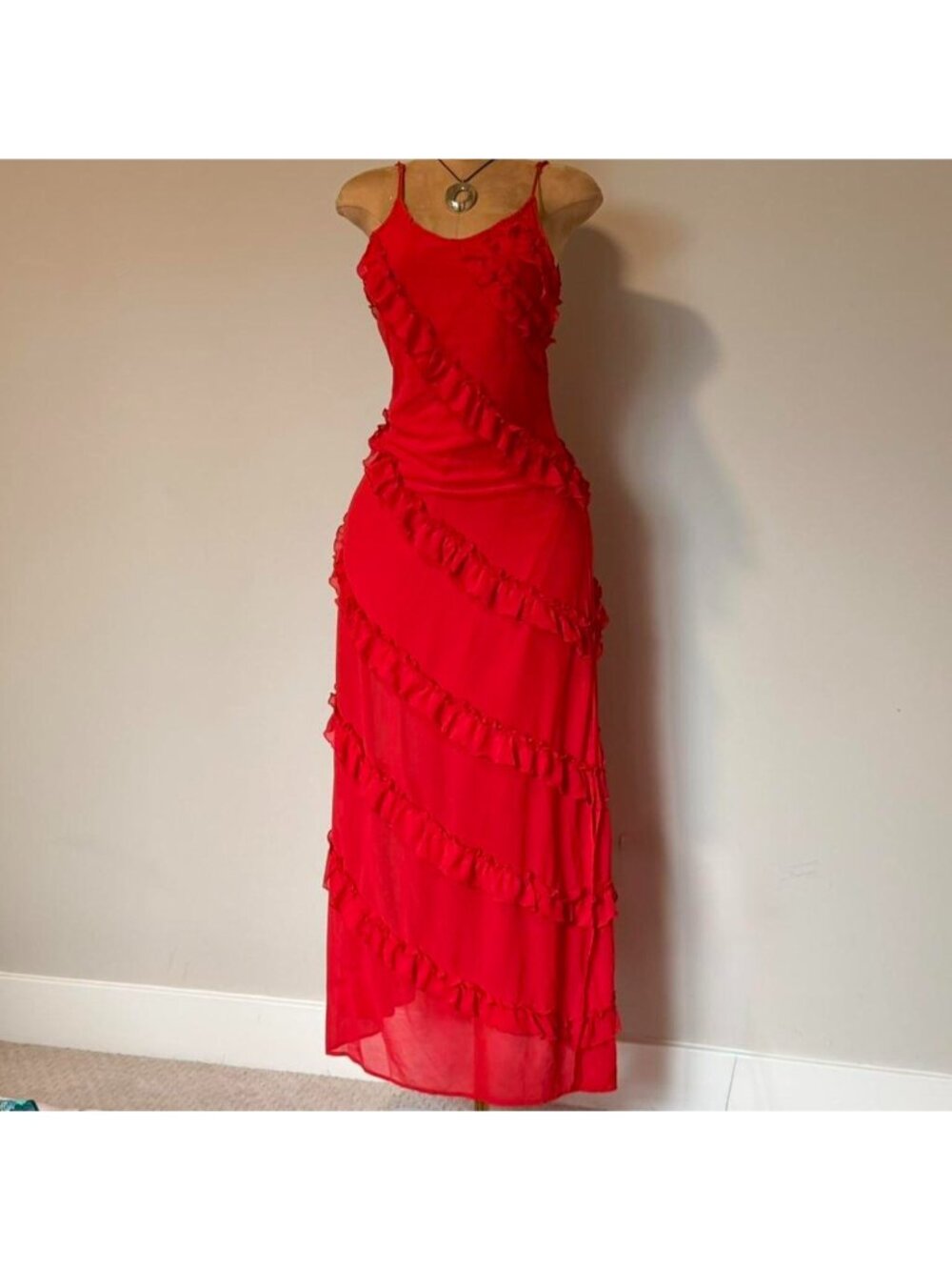Red maxi dress with ruffled tiers